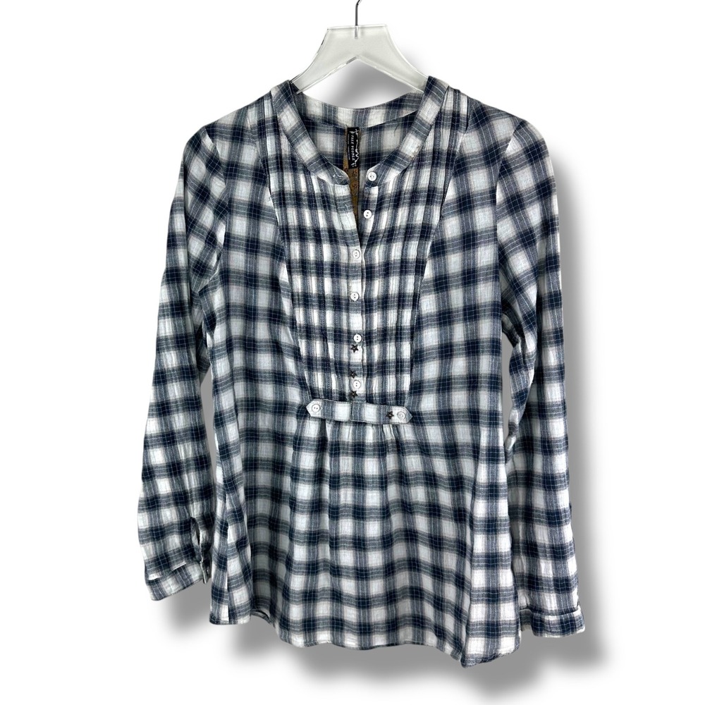 Free People Navy White Plaid Star Studded Button Back Blouse Large